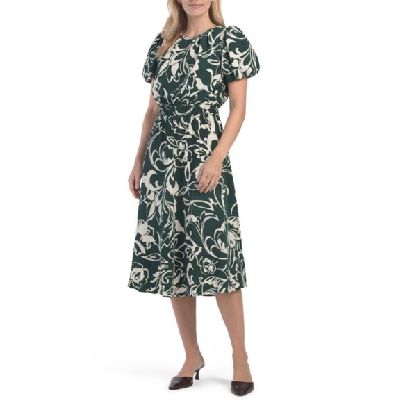 LONDON TIMES Ivory/Green Elastic Neck Tucked Sleeve Midi Dress - Picture 1 of 2